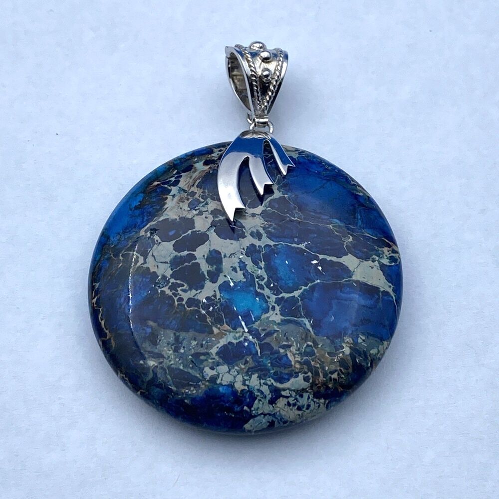 Vintage Lucas Lameth Sterling 925 Large Blue Jasper Pendant 28.8g Signed